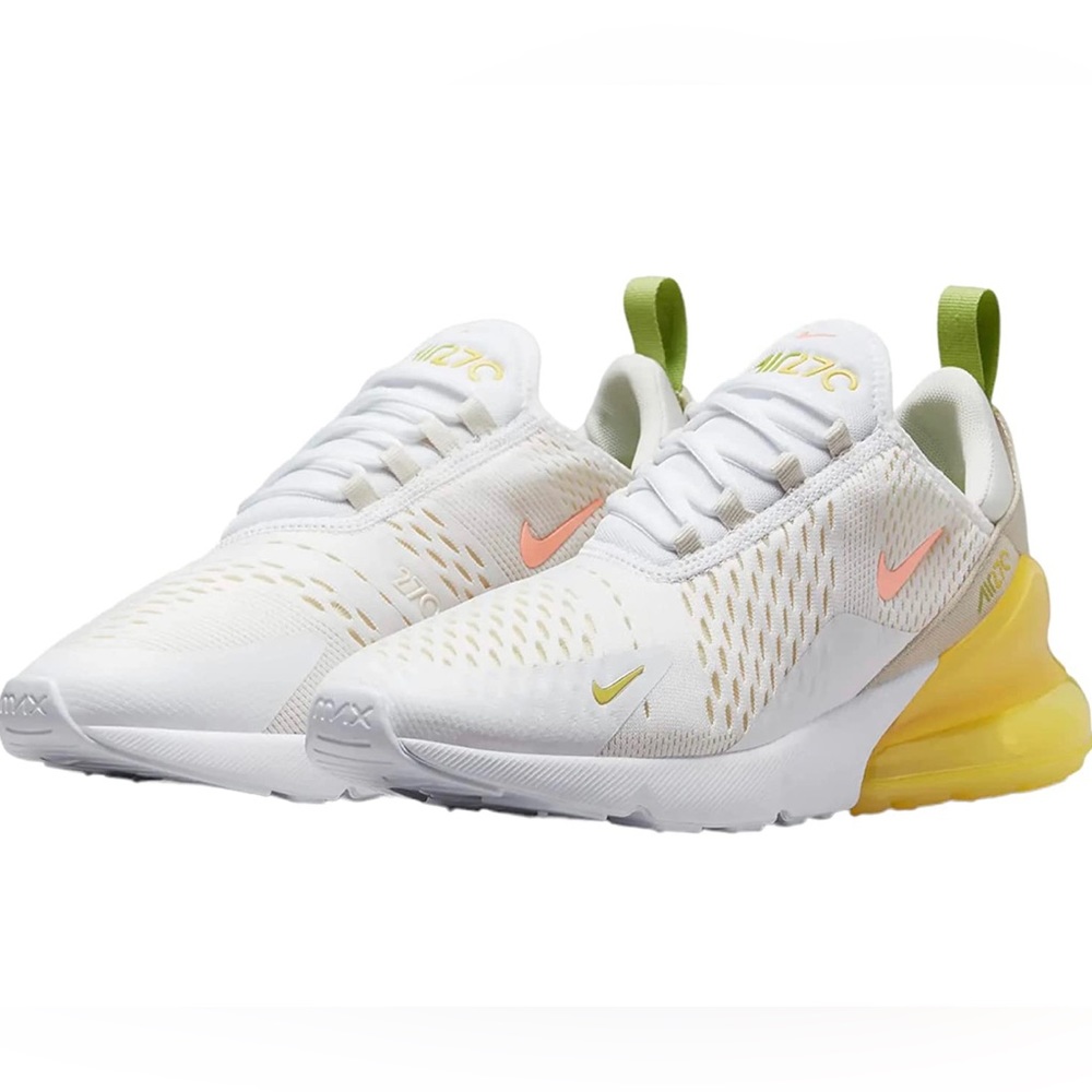 Nike Women’s AirMax 270 in White/Yellow Strike/Crimson SE Mama, 7.5